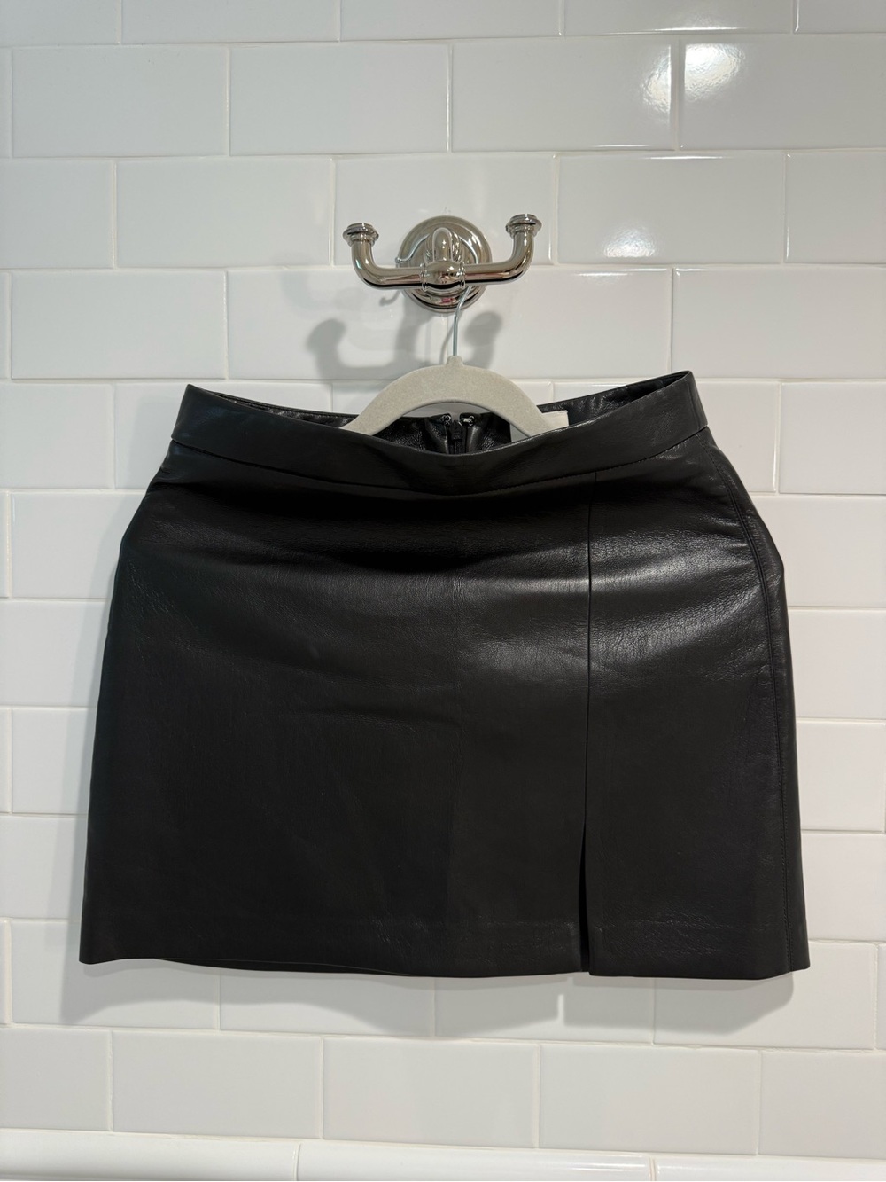 Wilfred Black Leather Mini Skirt with Subtle Front Slit